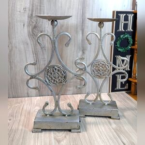 PIER 1 Silver Metal Boho Medallion Scrolled Tall Candle Holder Set (2)